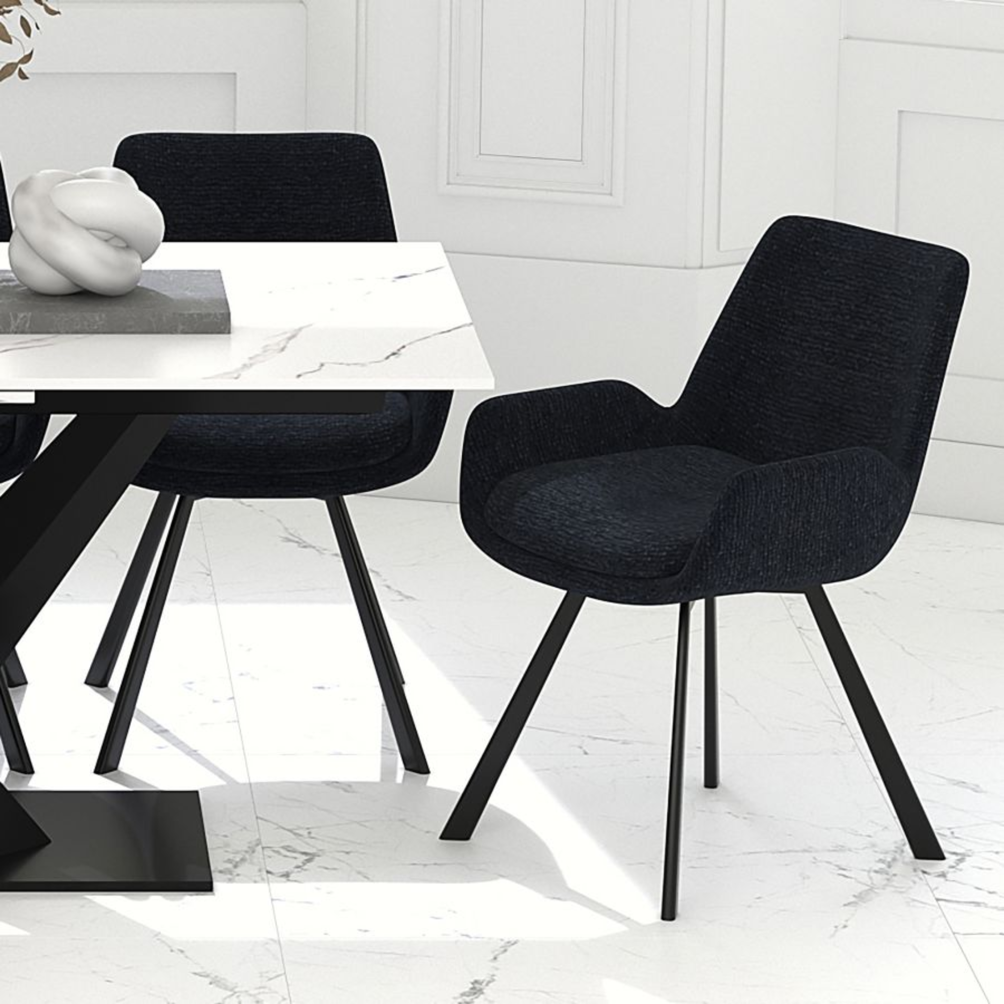 Signy Swivel Dining Chair - Black Chenille and Black Legs | Hoft Home