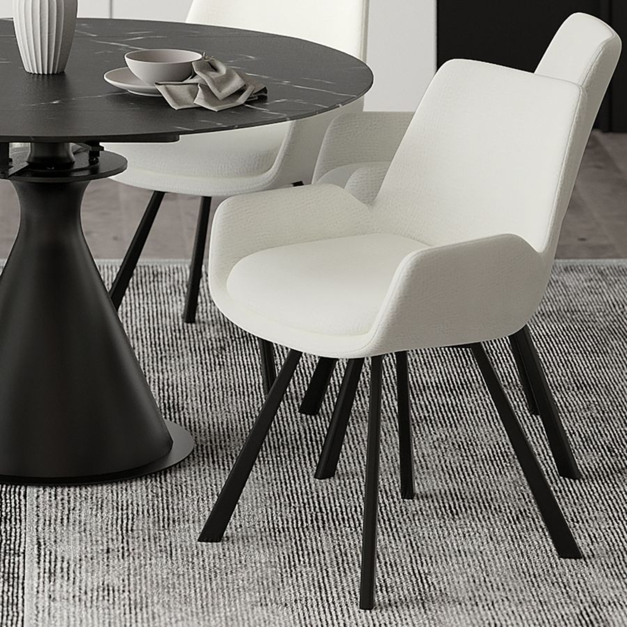 Signy Swivel Dining Chair - Ivory Chenille and Black Legs | Hoft Home